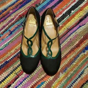 Black faux suede t-strap heels